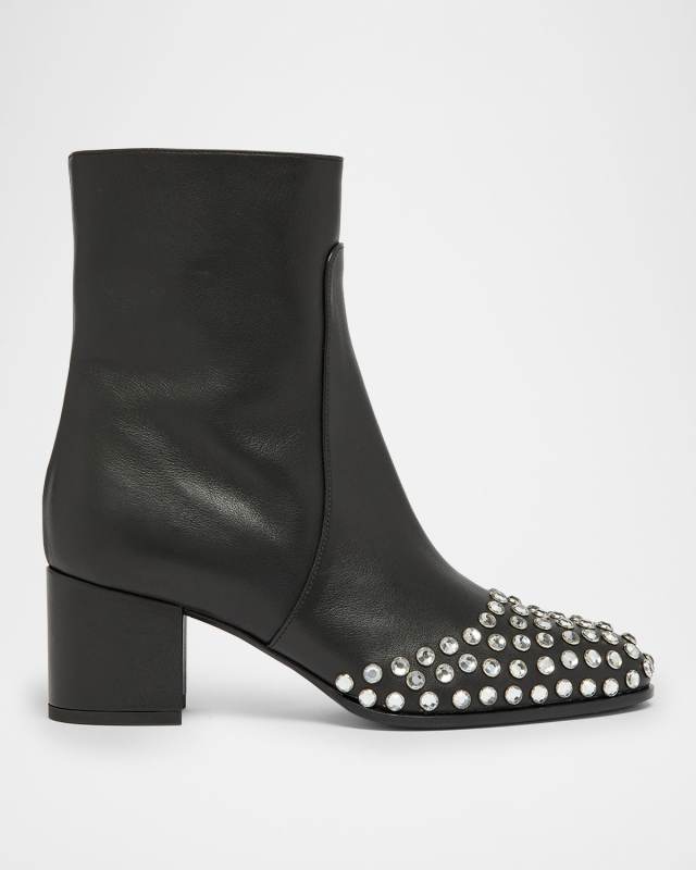 Leather Crystal Stud Cap-Toe Ankle Booties